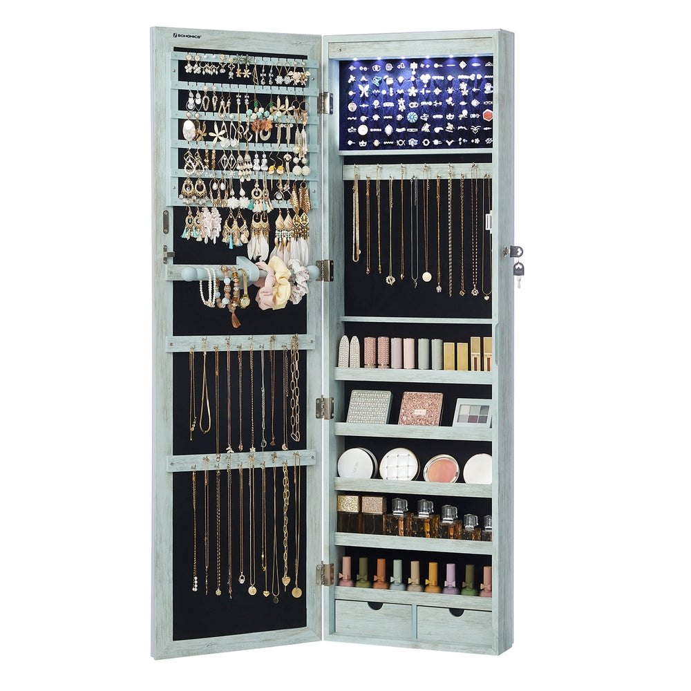 6 LEDs Jewelry Cabinet, Lockable Wall/Door Mounted Jewelry Armoire Organizer with Mirror and 2 Drawers
