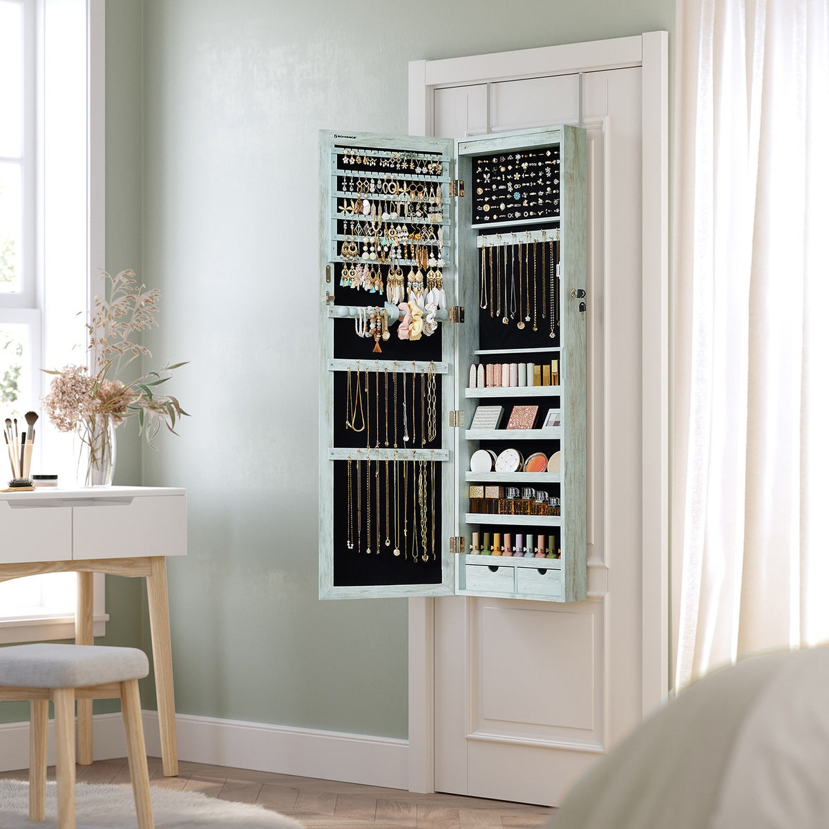 6 LEDs Jewelry Cabinet, Lockable Wall/Door Mounted Jewelry Armoire Organizer with Mirror and 2 Drawers