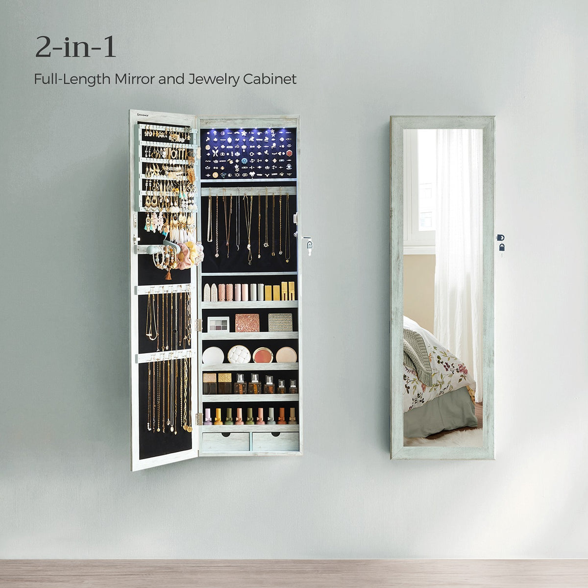 6 LEDs Jewelry Cabinet, Lockable Wall/Door Mounted Jewelry Armoire Organizer with Mirror and 2 Drawers