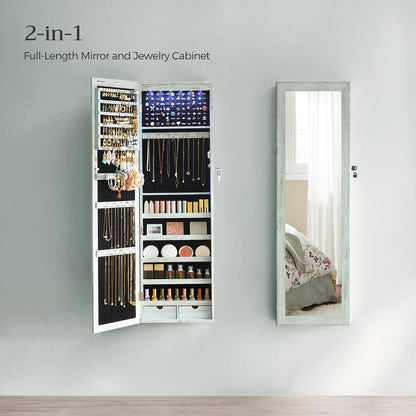 6 LEDs Jewelry Cabinet, Lockable Wall/Door Mounted Jewelry Armoire Organizer with Mirror and 2 Drawers