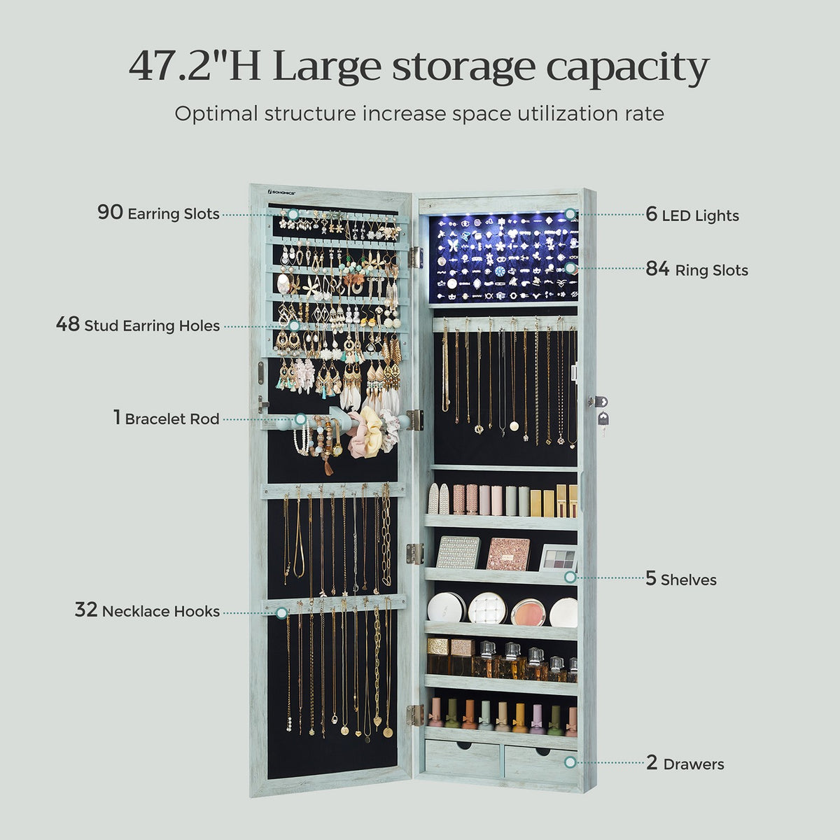 6 LEDs Jewelry Cabinet, Lockable Wall/Door Mounted Jewelry Armoire Organizer with Mirror and 2 Drawers