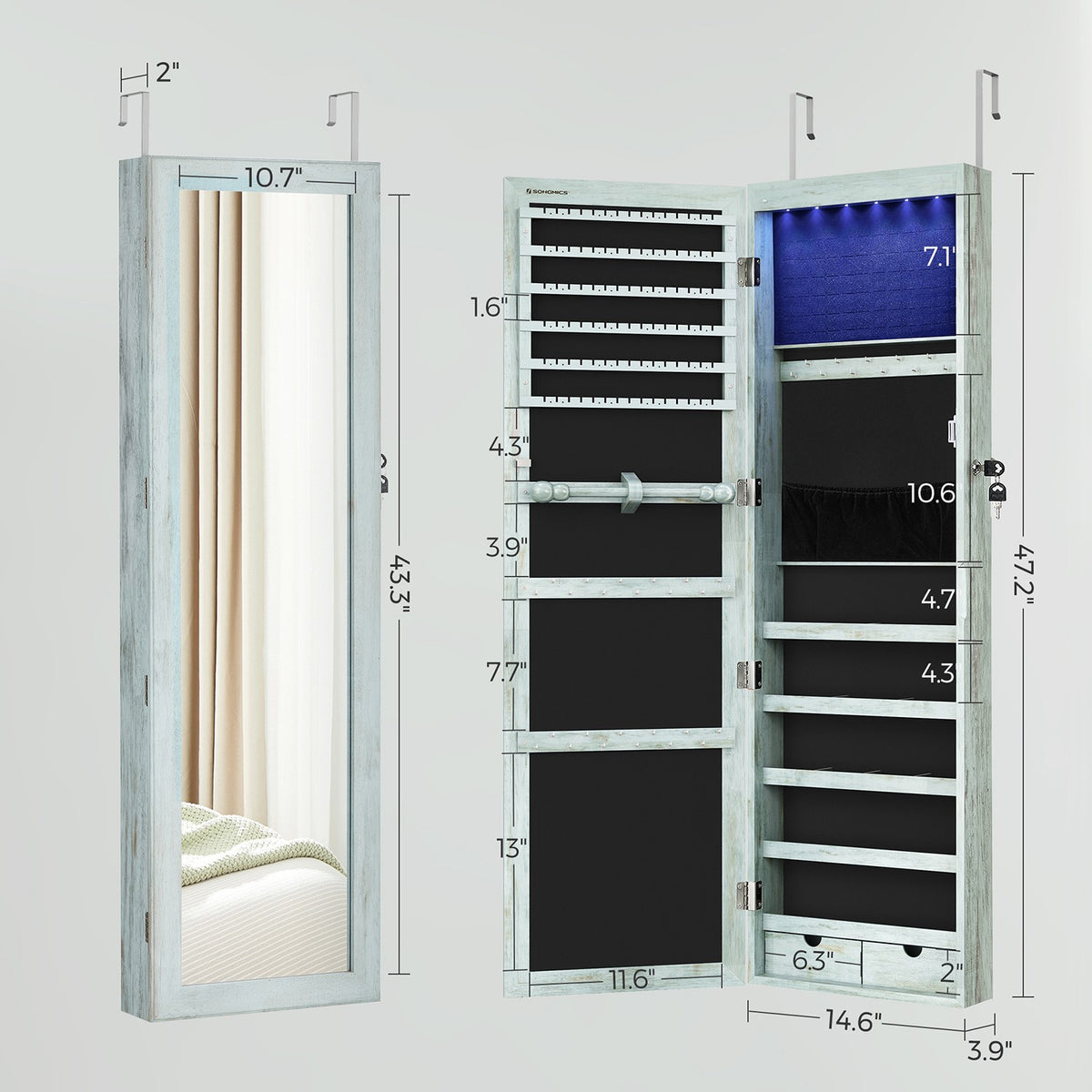6 LEDs Jewelry Cabinet, Lockable Wall/Door Mounted Jewelry Armoire Organizer with Mirror and 2 Drawers