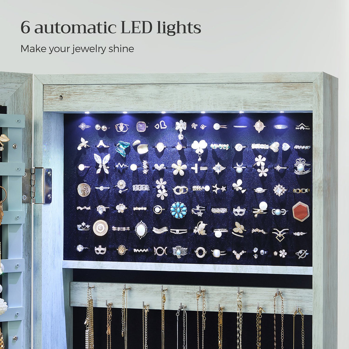 6 LEDs Jewelry Cabinet, Lockable Wall/Door Mounted Jewelry Armoire Organizer with Mirror and 2 Drawers