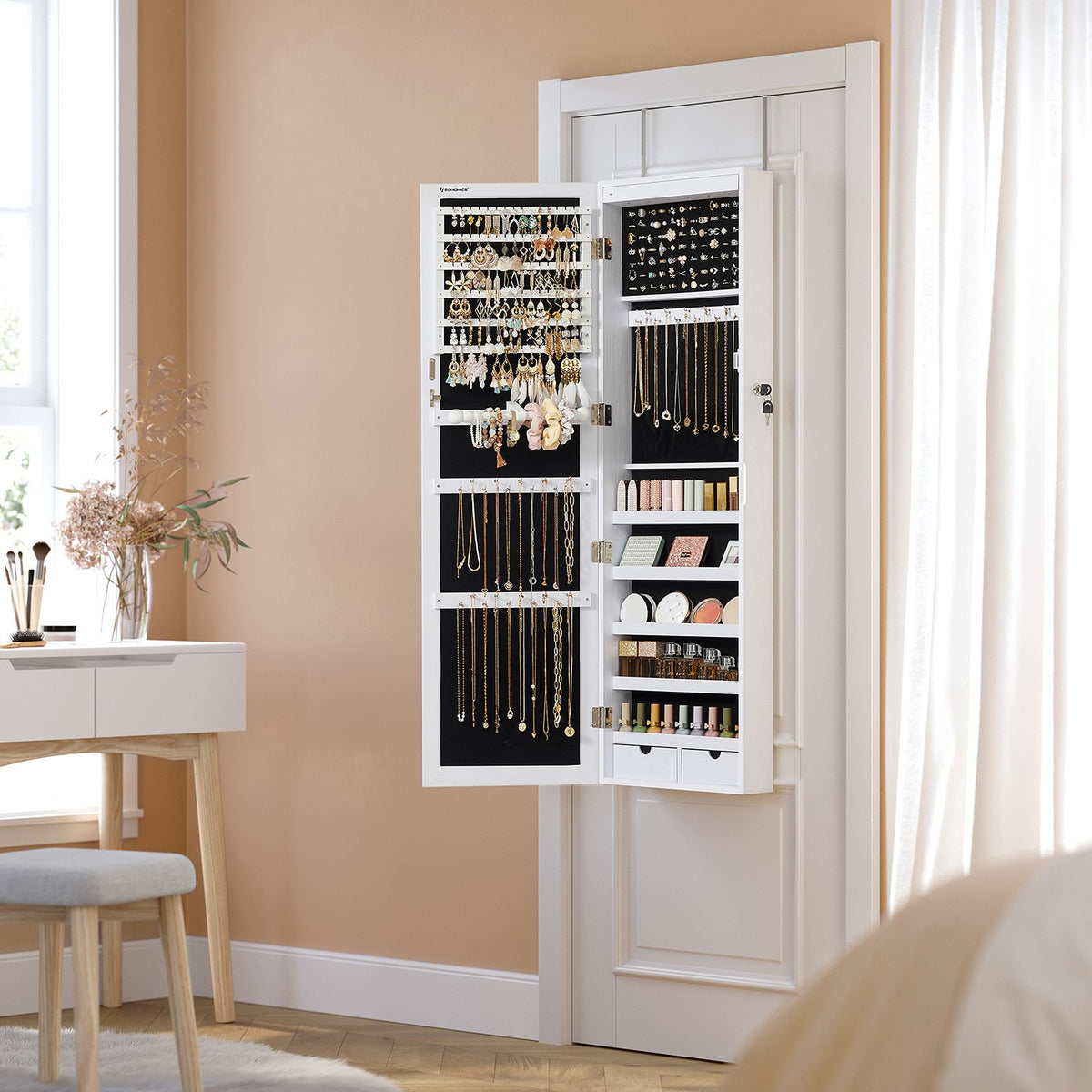 6 LEDs Jewelry Cabinet, Lockable Wall/Door Mounted Jewelry Armoire Organizer with Mirror and 2 Drawers