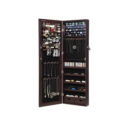 47" H Full Screen Mirrored Jewelry Cabinet Armoire, 6 LEDs Jewelry Organizer Wall Hanging/Door Mounted, Larger Capacity