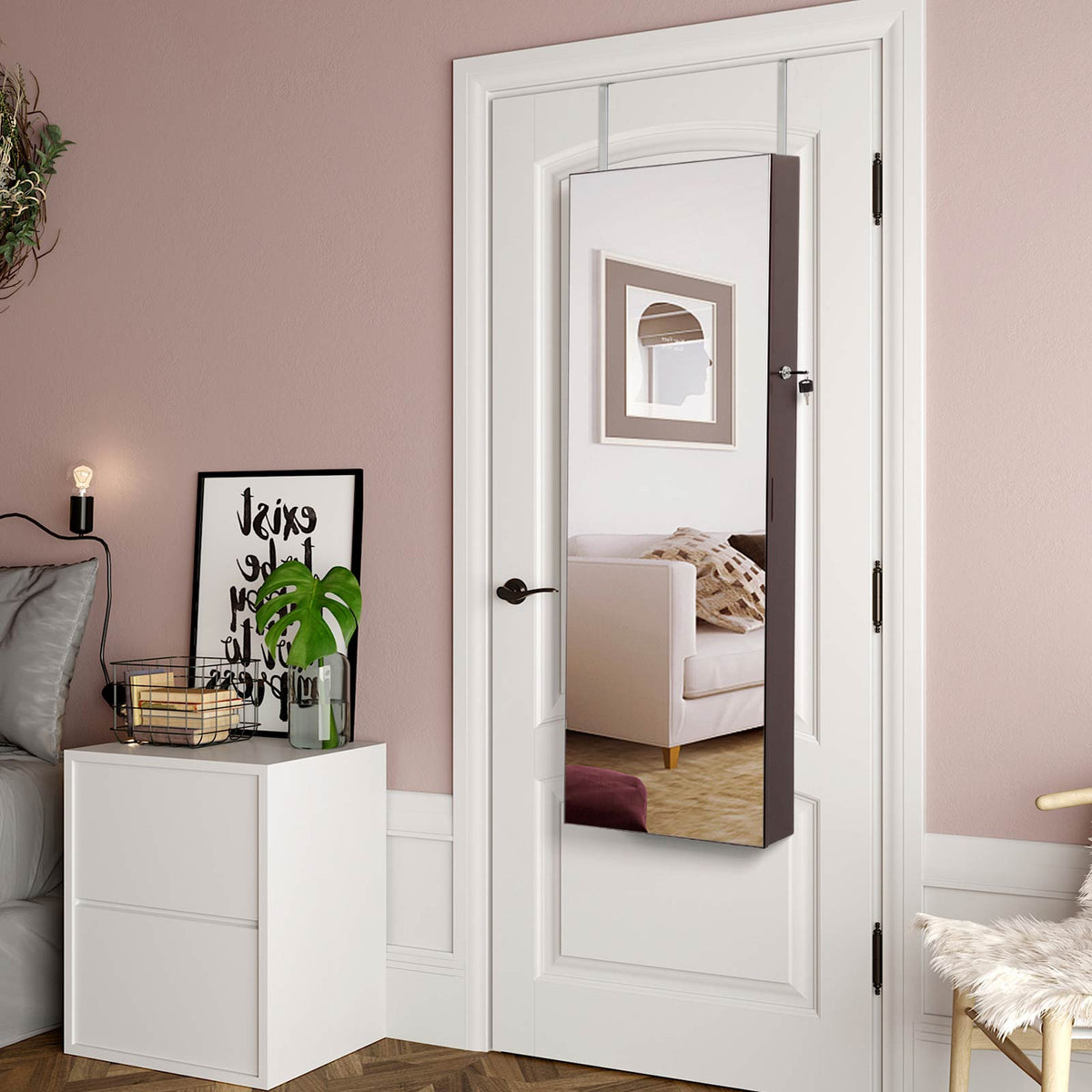 47" H Full Screen Mirrored Jewelry Cabinet Armoire, 6 LEDs Jewelry Organizer Wall Hanging/Door Mounted, Larger Capacity