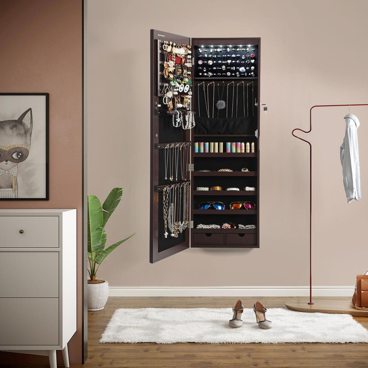 47" H Full Screen Mirrored Jewelry Cabinet Armoire, 6 LEDs Jewelry Organizer Wall Hanging/Door Mounted, Larger Capacity