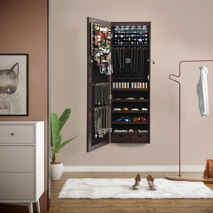 47" H Full Screen Mirrored Jewelry Cabinet Armoire, 6 LEDs Jewelry Organizer Wall Hanging/Door Mounted, Larger Capacity