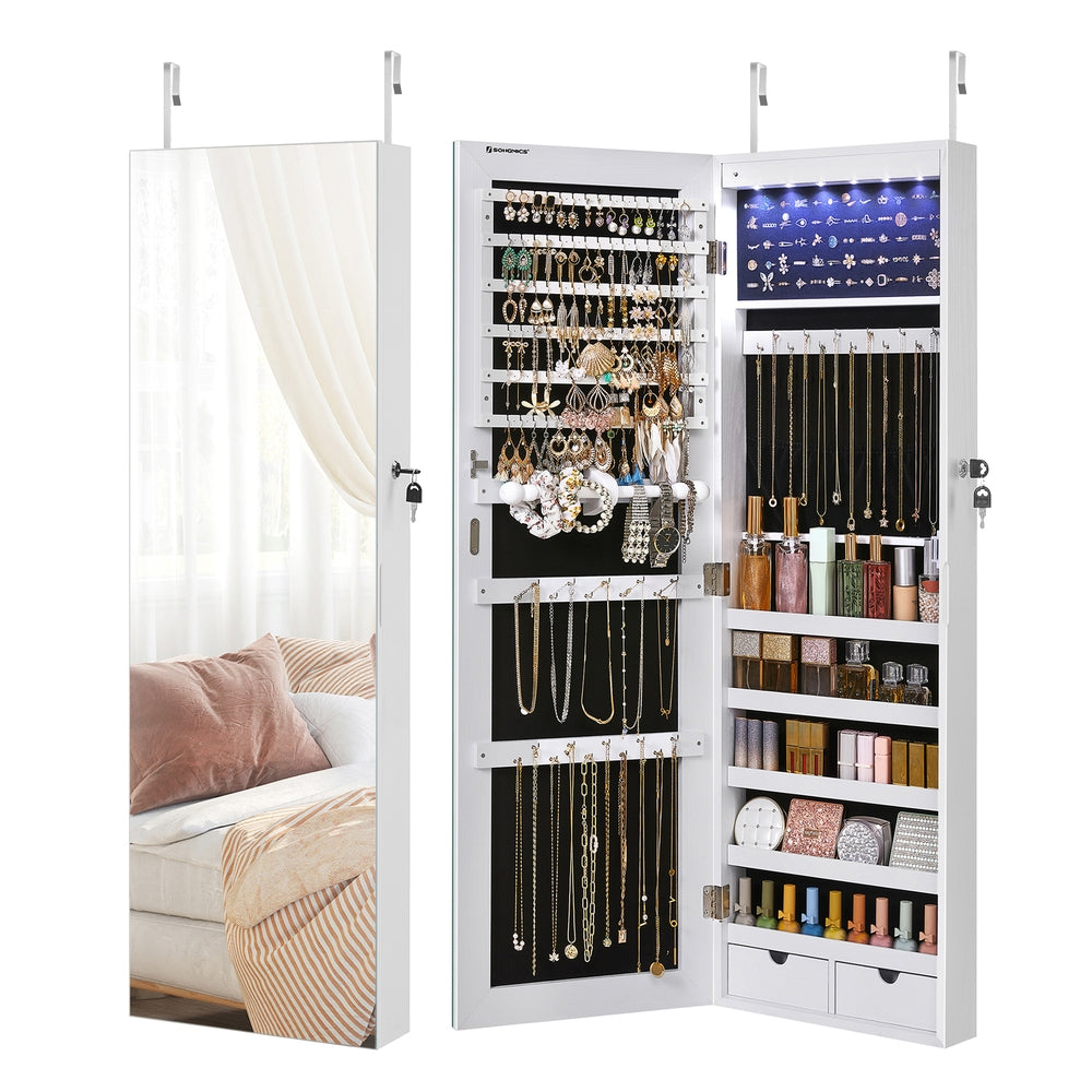 47" H Full Screen Mirrored Jewelry Cabinet Armoire, 6 LEDs Jewelry Organizer Wall Hanging/Door Mounted, Larger Capacity