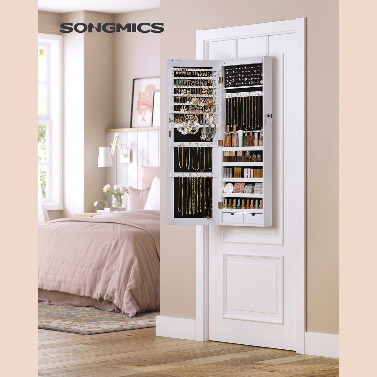 47" H Full Screen Mirrored Jewelry Cabinet Armoire, 6 LEDs Jewelry Organizer Wall Hanging/Door Mounted, Larger Capacity