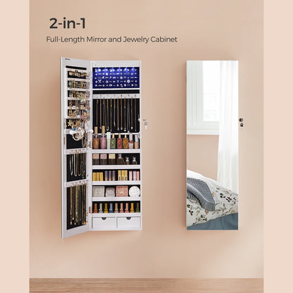 47" H Full Screen Mirrored Jewelry Cabinet Armoire, 6 LEDs Jewelry Organizer Wall Hanging/Door Mounted, Larger Capacity