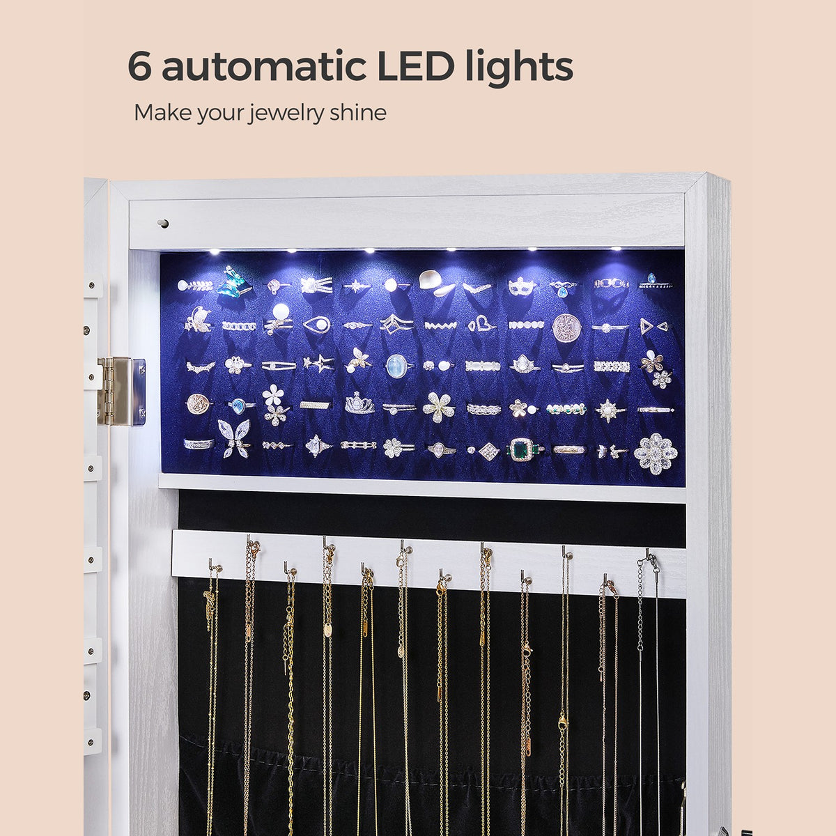 47" H Full Screen Mirrored Jewelry Cabinet Armoire, 6 LEDs Jewelry Organizer Wall Hanging/Door Mounted, Larger Capacity