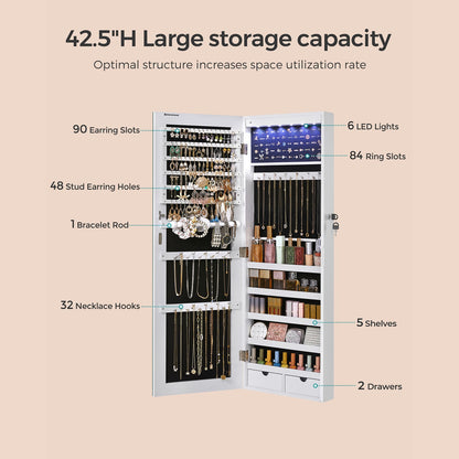 47.2" H Full Screen Mirrored Jewelry Cabinet Armoire, 6 LEDs Jewelry Organizer Wall Hanging/Door Mounted, Larger Capacity
