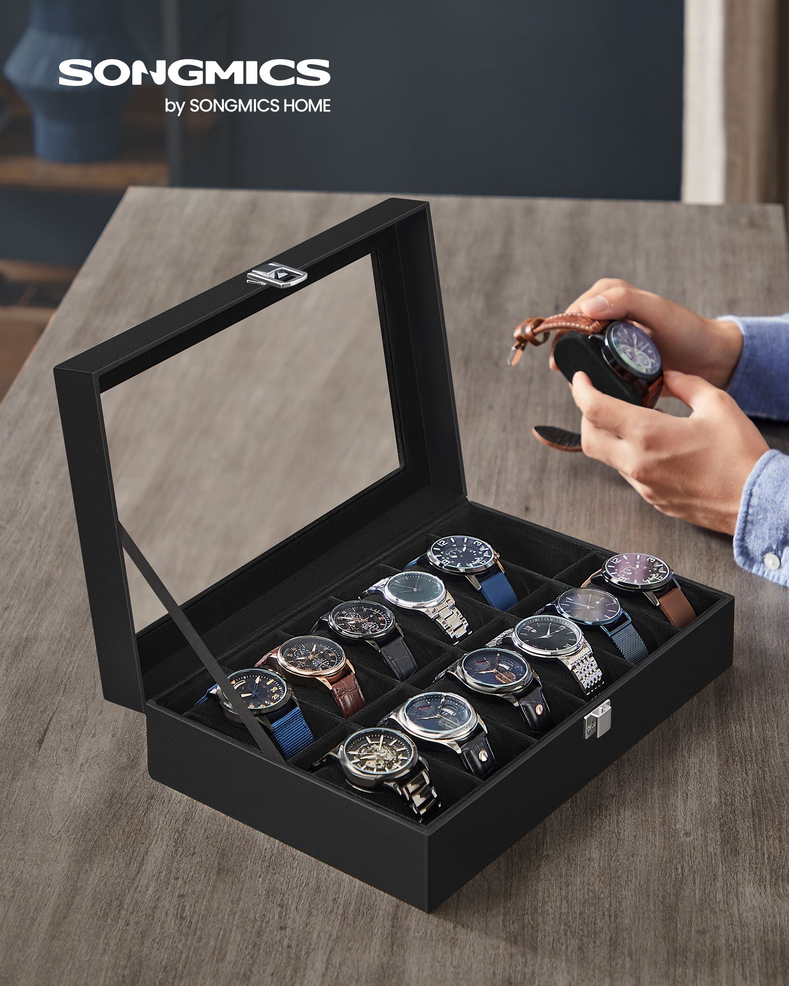 12-Slot Watch Box with Glass Lid - HWLEXTRA 