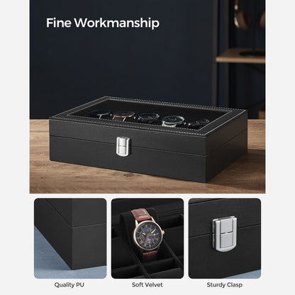 12-Slot Watch Box with Glass Lid - HWLEXTRA 