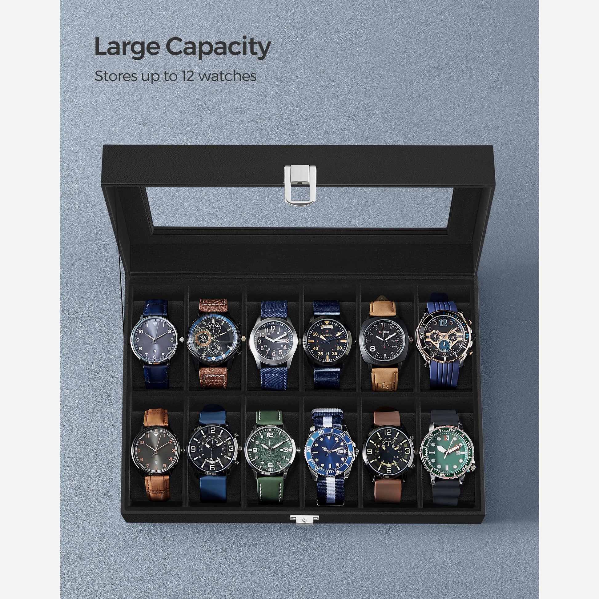 12-Slot Watch Box with Glass Lid - HWLEXTRA 