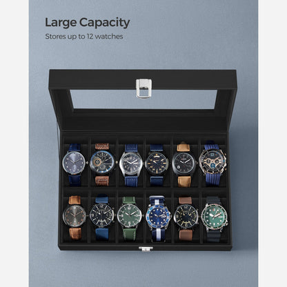 12-Slot Watch Box with Glass Lid - HWLEXTRA 
