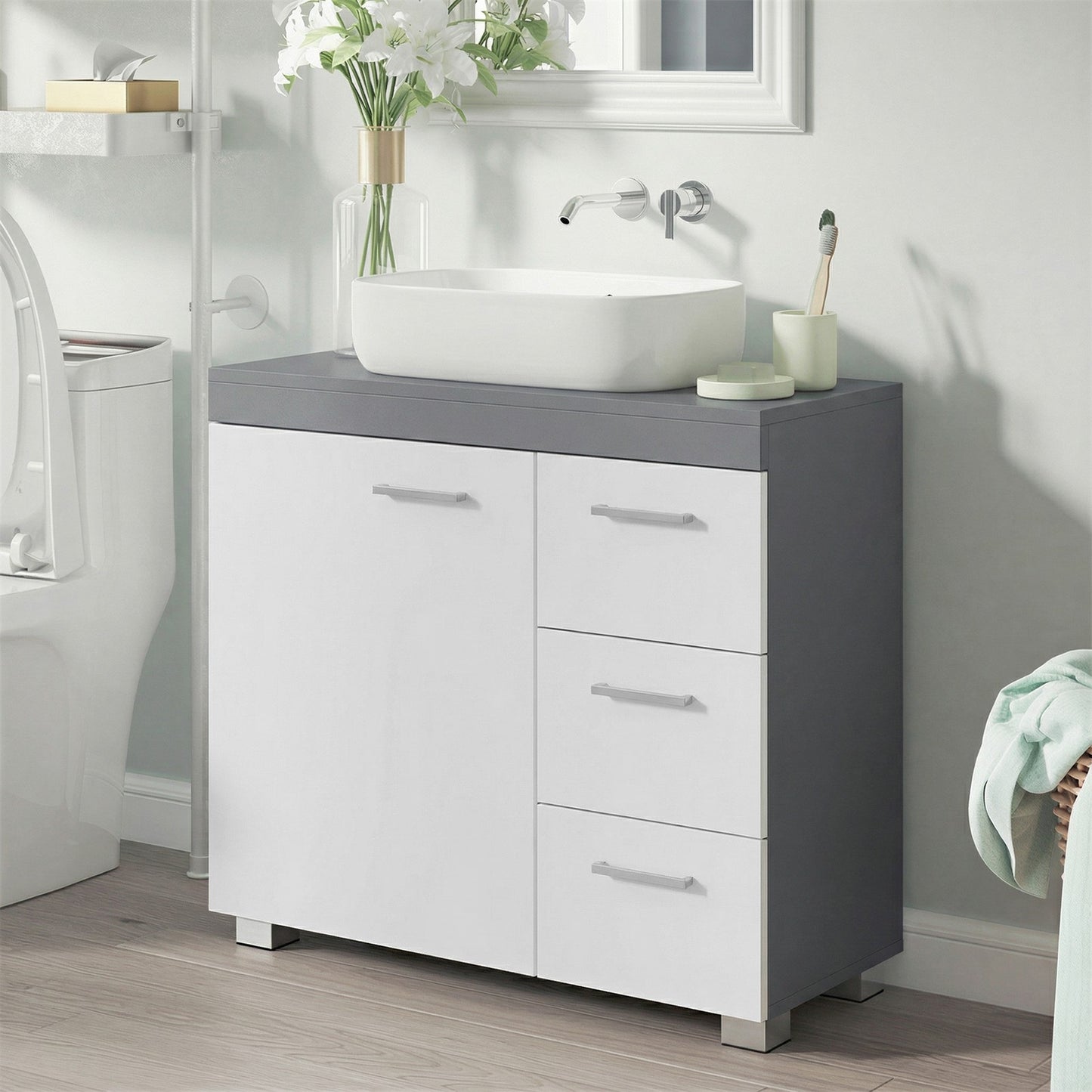 Pedestal Under Sink Bathroom Storage Cabinet, Bathroom vanity unit with 3 Drawers, 30 x 70 x 64 cm, White - image 11