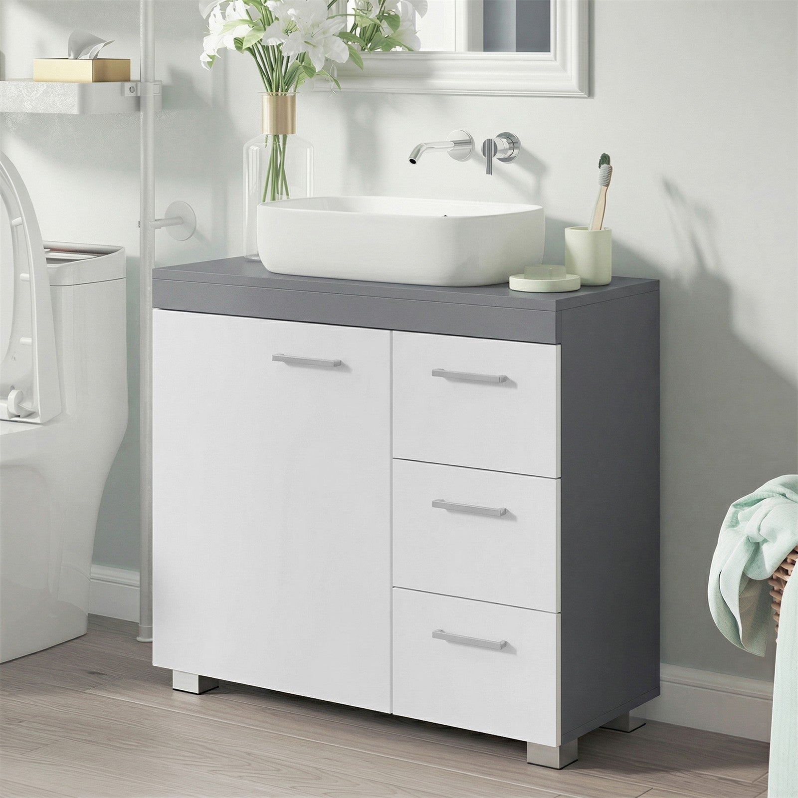 Pedestal Under Sink Bathroom Storage Cabinet, Bathroom vanity unit with 3 Drawers, 30 x 70 x 64 cm, White - image 11