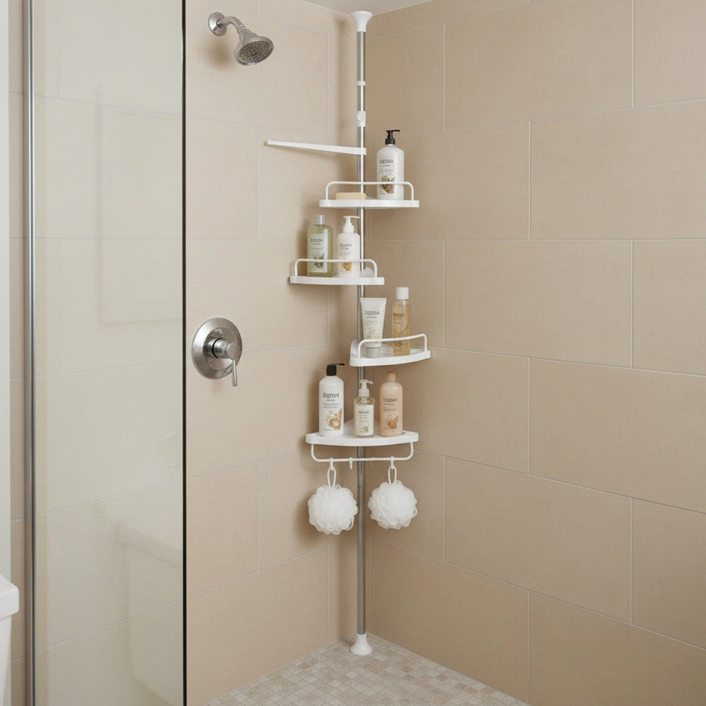 Shower Caddy, Telescopic Corner Shower Shelf for Bathroom, Stainless Steel, 4 Shelves, 3 Hooks, 1 Towel Bar - image 7