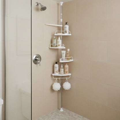 Shower Caddy, Telescopic Corner Shower Shelf for Bathroom, Stainless Steel, 4 Shelves, 3 Hooks, 1 Towel Bar - image 7