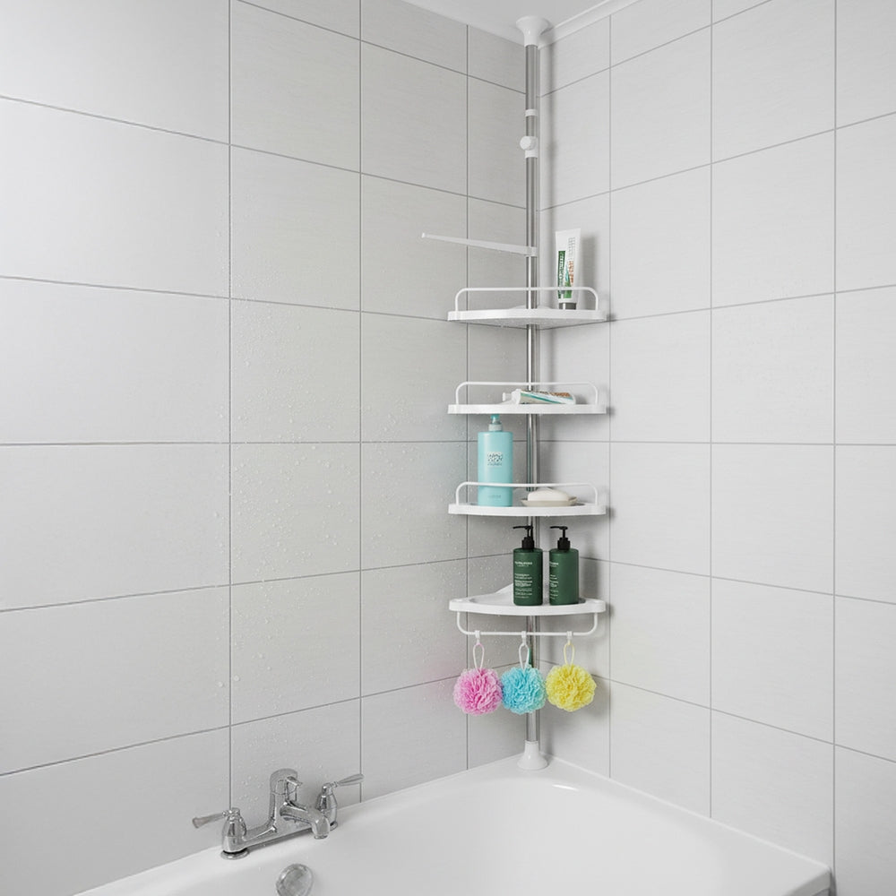 Shower Caddy, Telescopic Corner Shower Shelf for Bathroom, Stainless Steel, 4 Shelves, 3 Hooks, 1 Towel Bar - image 8