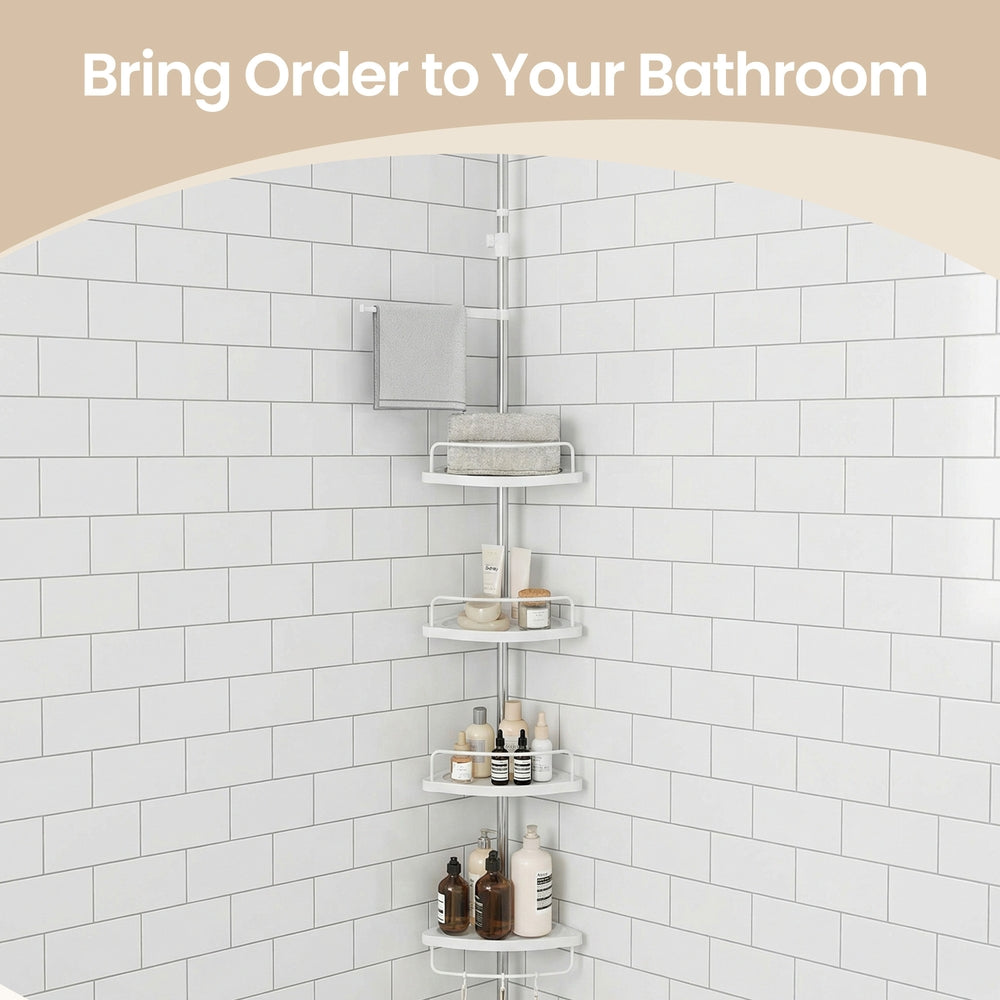 Shower Caddy, Telescopic Corner Shower Shelf for Bathroom, Stainless Steel, 4 Shelves, 3 Hooks, 1 Towel Bar - image 11