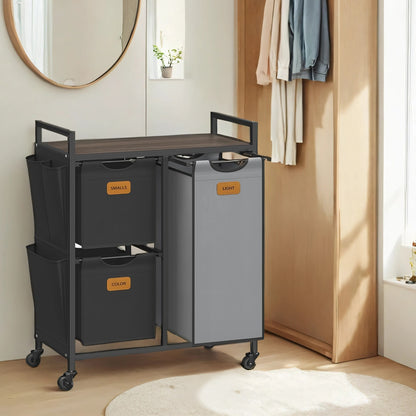 3-Compartment Laundry Hamper, 100 L Laundry Cart with Shelves, Chestnut Brown - image 1