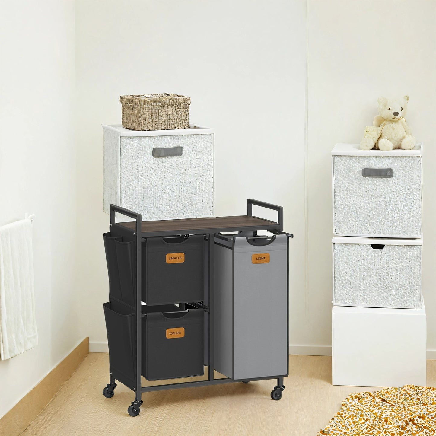 3-Compartment Laundry Hamper, 100 L Laundry Cart with Shelves, Chestnut Brown - image 2