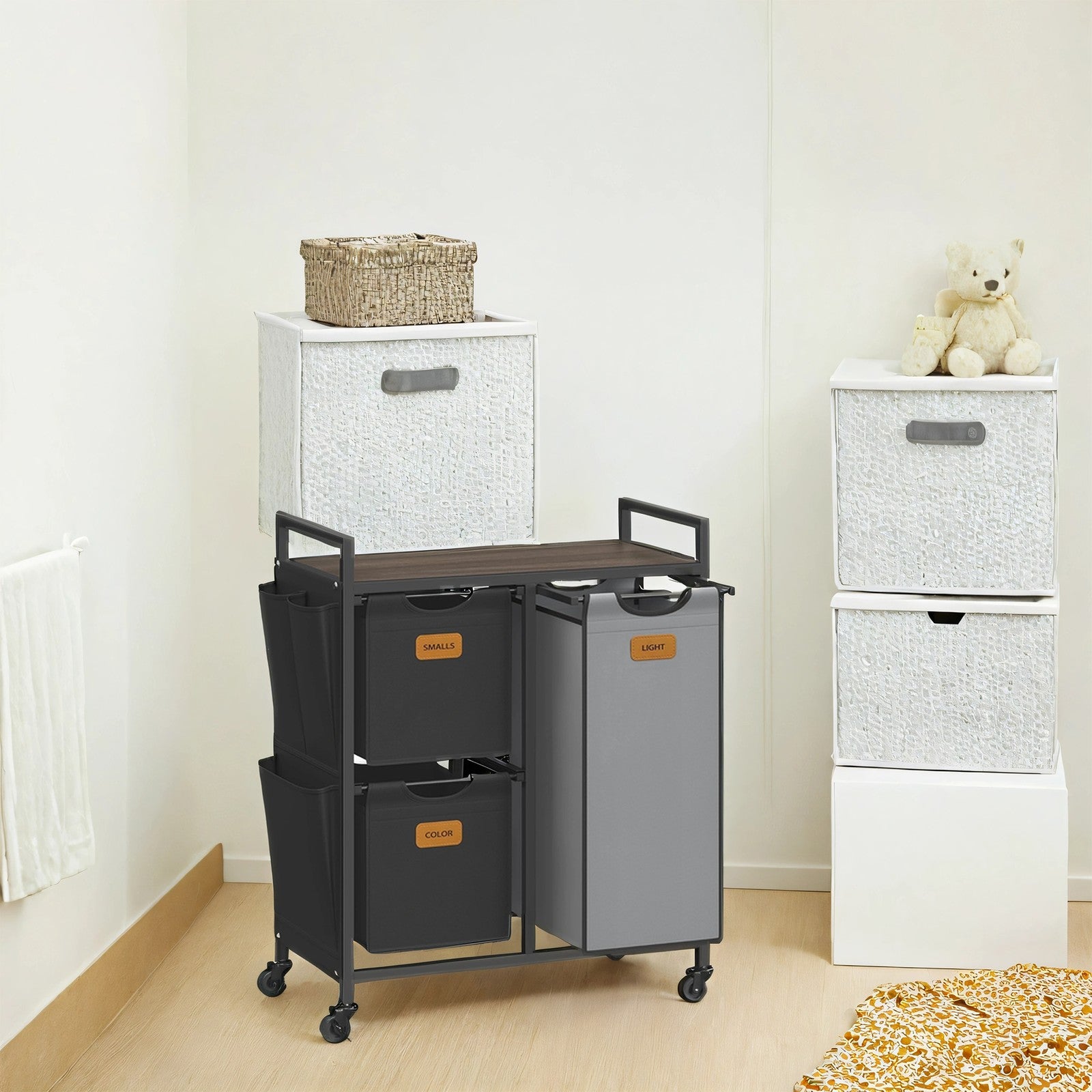 3-Compartment Laundry Hamper, 100 L Laundry Cart with Shelves, Chestnut Brown - image 2