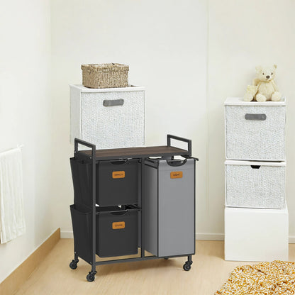 3-Compartment Laundry Hamper, 100 L Laundry Cart with Shelves, Chestnut Brown - image 2