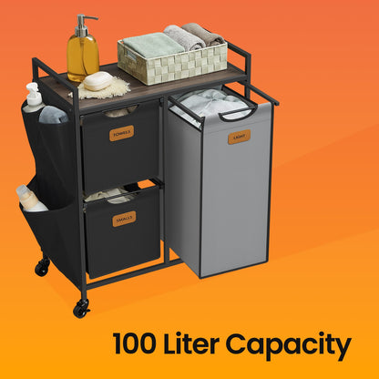 3-Compartment Laundry Hamper, 100 L Laundry Cart with Shelves, Chestnut Brown - image 3