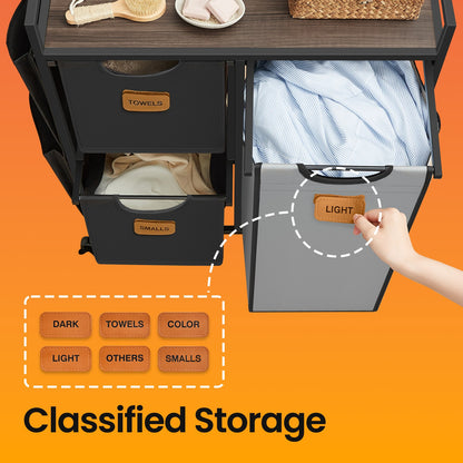 3-Compartment Laundry Hamper, 100 L Laundry Cart with Shelves, Chestnut Brown - image 4