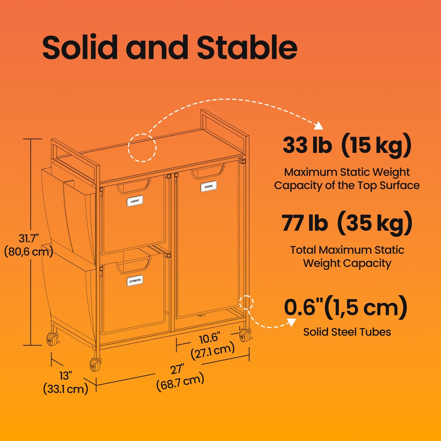 3-Compartment Laundry Hamper, 100 L Laundry Cart with Shelves, Chestnut Brown - image 5