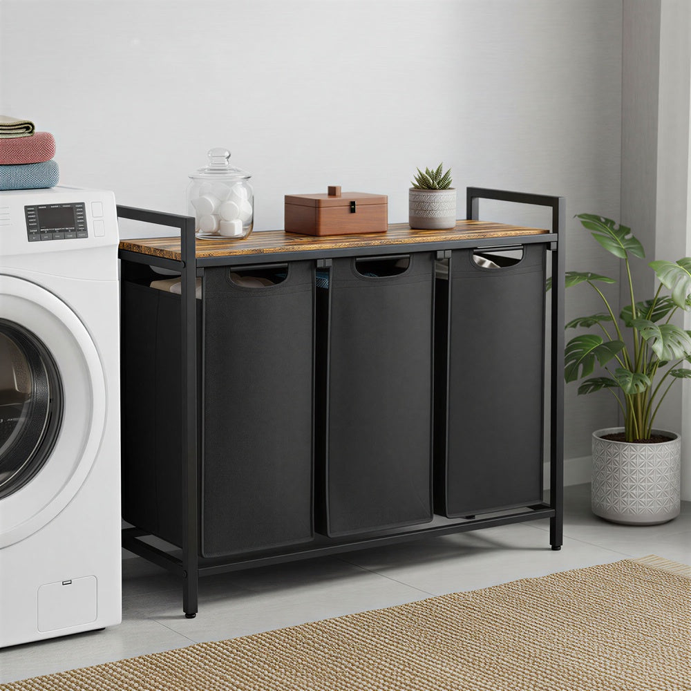 3-Section Laundry Hamper with Removable Bags, Laundry Basket with Shelf for Bedroom, 3 x 38 L, Black and Grey - image 38