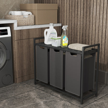 3-Section Laundry Hamper with Removable Bags, Laundry Basket with Shelf for Bedroom, 3 x 38 L, Black and Grey - image 3