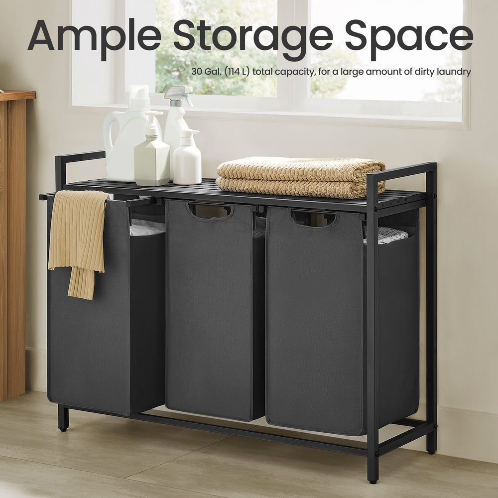3-Section Laundry Hamper with Removable Bags, Laundry Basket with Shelf for Bedroom, 3 x 38 L, Black and Grey - image 4