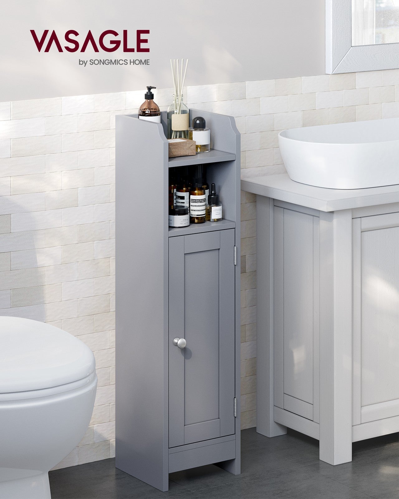 Freestanding Slim Bathroom Cabinet with Door and Shelves - image 2