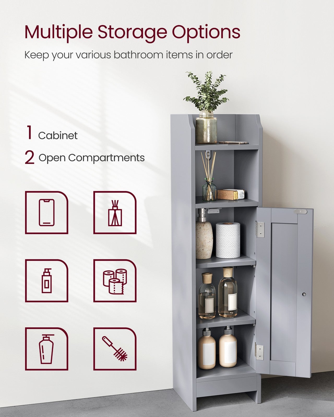 Freestanding Slim Bathroom Cabinet with Door and Shelves - image 3