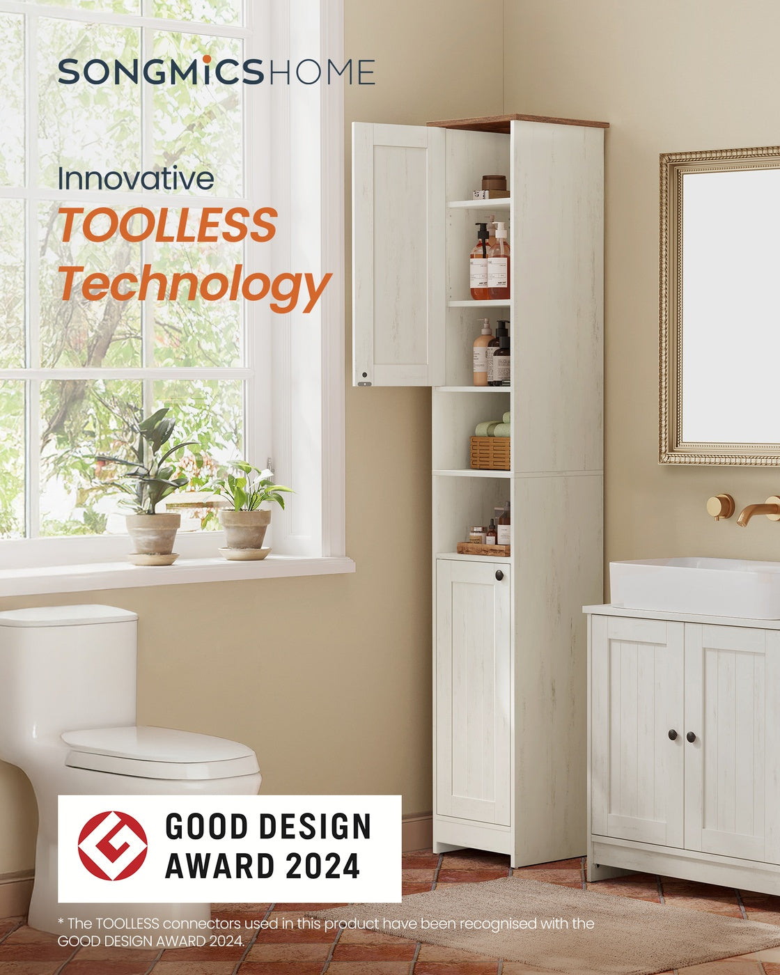 Superfast Toolless Assembly, Slim Tall Bathroom Floor Storage Cabinet 30 x 30 x 170 cm Rustic White - image 2