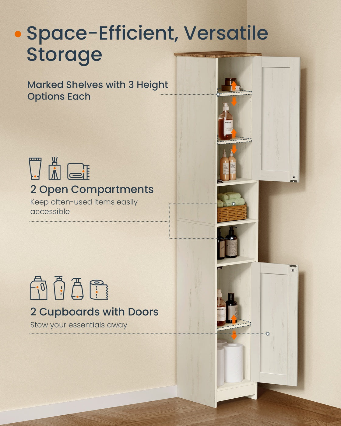 Superfast Toolless Assembly, Slim Tall Bathroom Floor Storage Cabinet 30 x 30 x 170 cm Rustic White - image 4