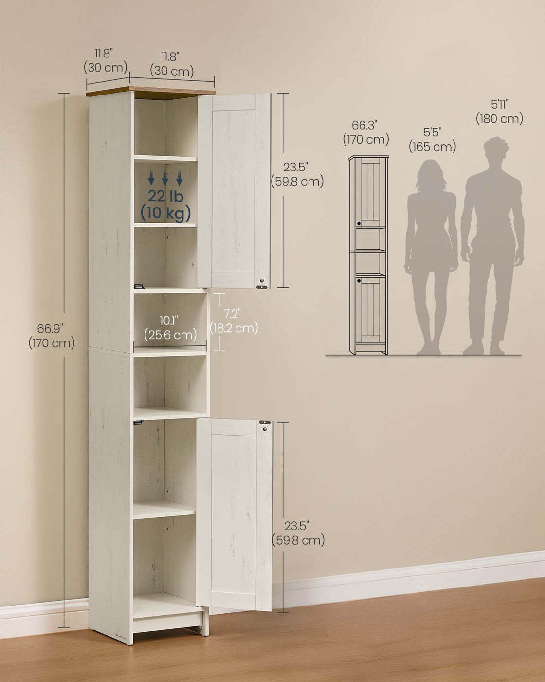 Superfast Toolless Assembly, Slim Tall Bathroom Floor Storage Cabinet 30 x 30 x 170 cm Rustic White - image 6