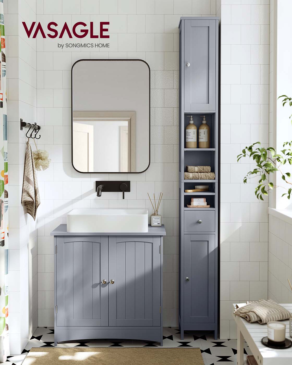 Slim Freestanding Bathroom Cabinet with Adjustable Shelves and Drawer Dove Grey - image 2