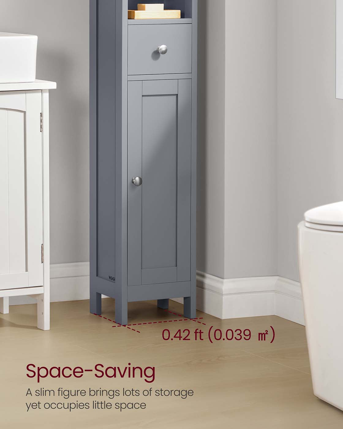 Slim Freestanding Bathroom Cabinet with Adjustable Shelves and Drawer Dove Grey - image 3