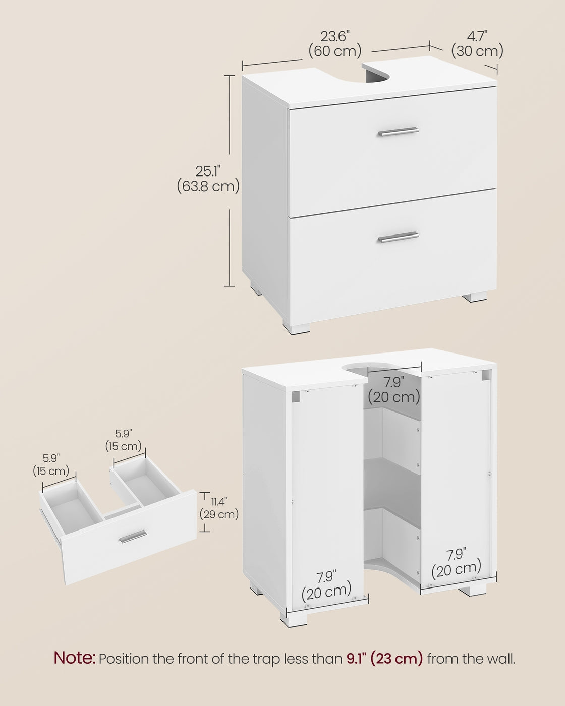 Under Sink Bathroom Cabinet 2 Drawers 30 x 60 x 63.8 cm Cloud White - image 6
