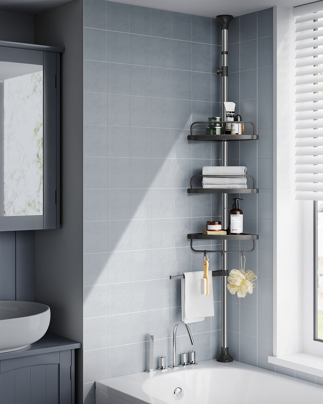 Adjustable Shower Caddy - Stainless Steel Corner Shelf with 4 Tiers, 3 Hooks & Towel Bar for Bathroom - image 2