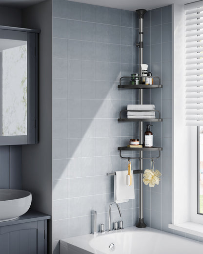 Adjustable Shower Caddy - Stainless Steel Corner Shelf with 4 Tiers, 3 Hooks & Towel Bar for Bathroom - image 2