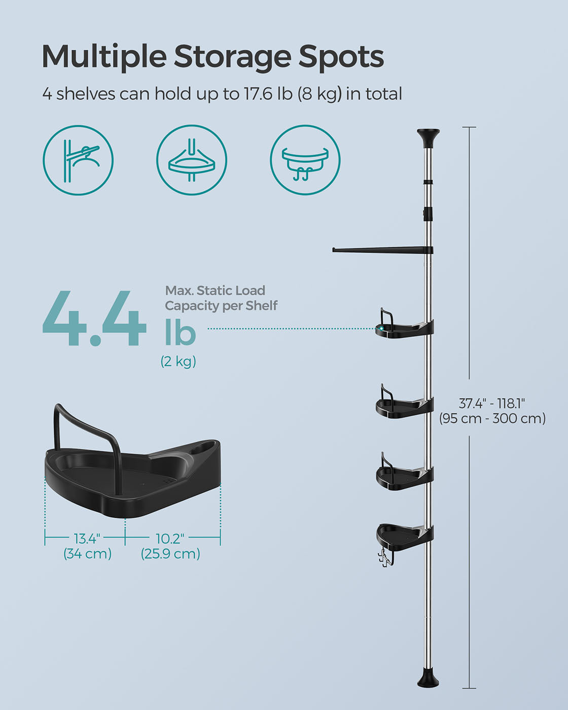 Adjustable Shower Caddy - Stainless Steel Corner Shelf with 4 Tiers, 3 Hooks & Towel Bar for Bathroom - image 5