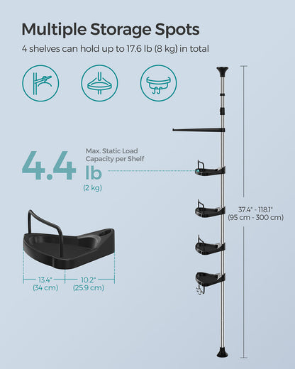 Adjustable Shower Caddy - Stainless Steel Corner Shelf with 4 Tiers, 3 Hooks & Towel Bar for Bathroom - image 5