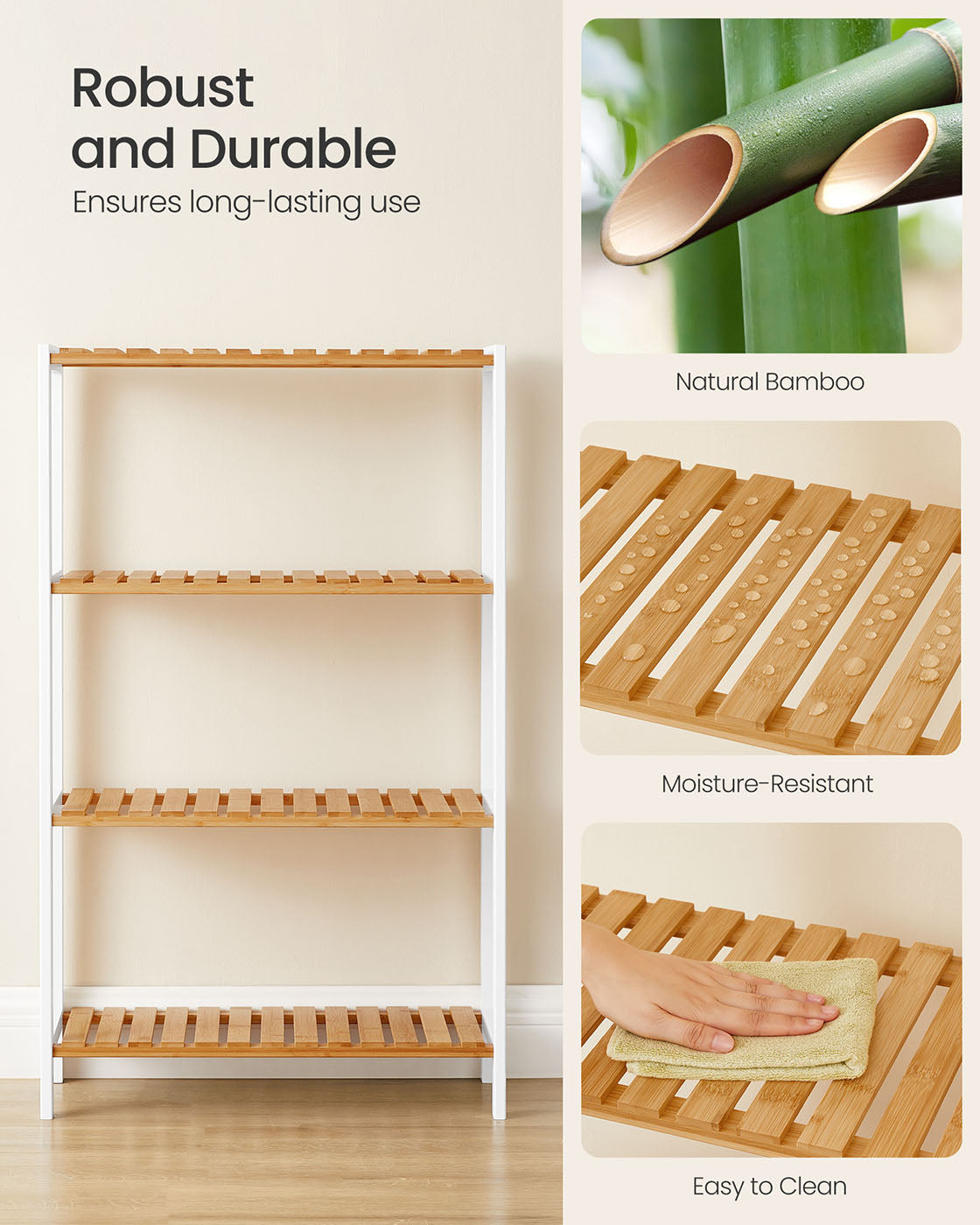 Bamboo Storage Shelf 4-Tier Shelving Unit 26 x 60 x 100 cm White and Natural - image 4
